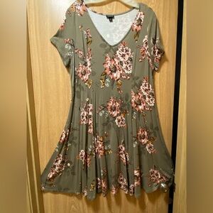 Torrid Olive Green and Brown/Pink Floral Skater Flair Dress